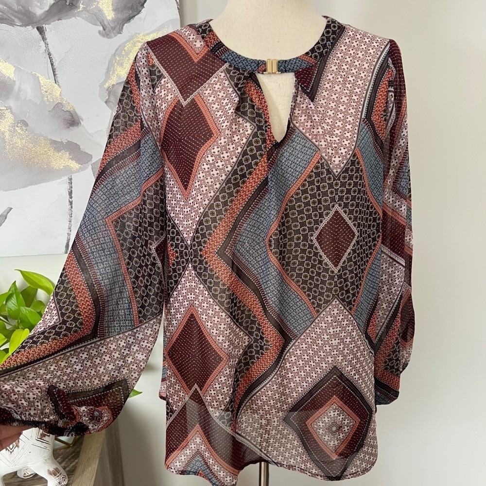 Womens Boho Patchwork Print Tunic Blouse Medium Balloon Sleeve Boho Flowy Earthy